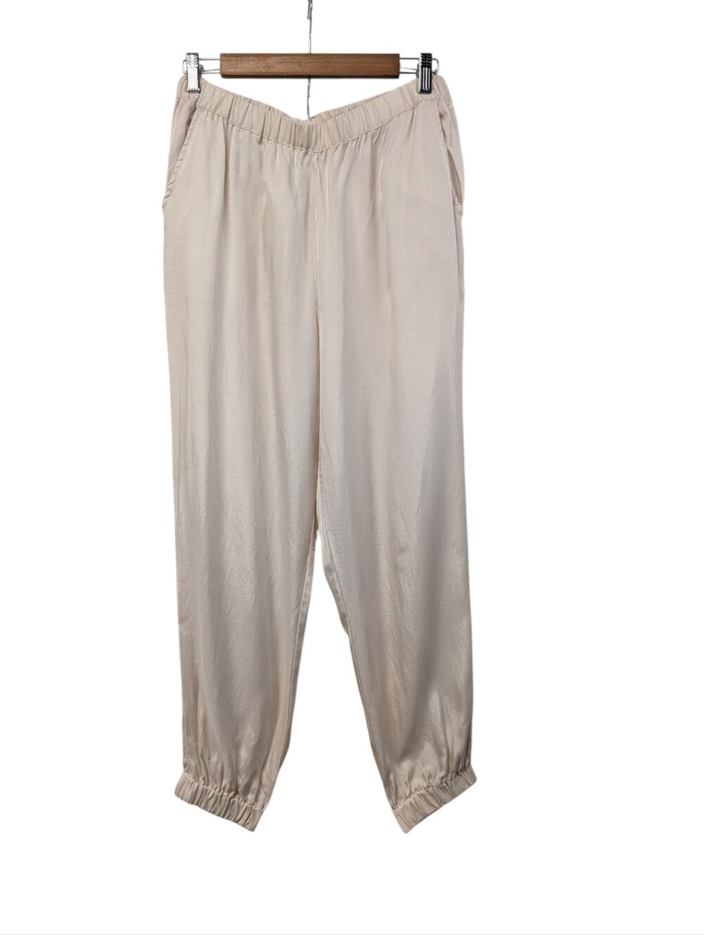 Lou & Grey Women's Beige Solid Casual Pants M Drawstring Pockets Viscose Lyocell